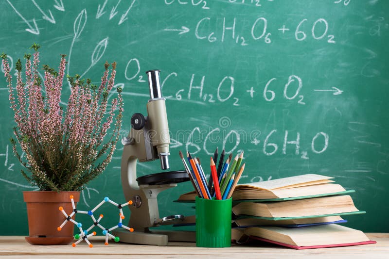 Education and Sciences Concept Books, Molecule Model and Microscope