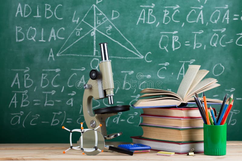 Education and Sciences Concept Books, Molecule Model and Microscope