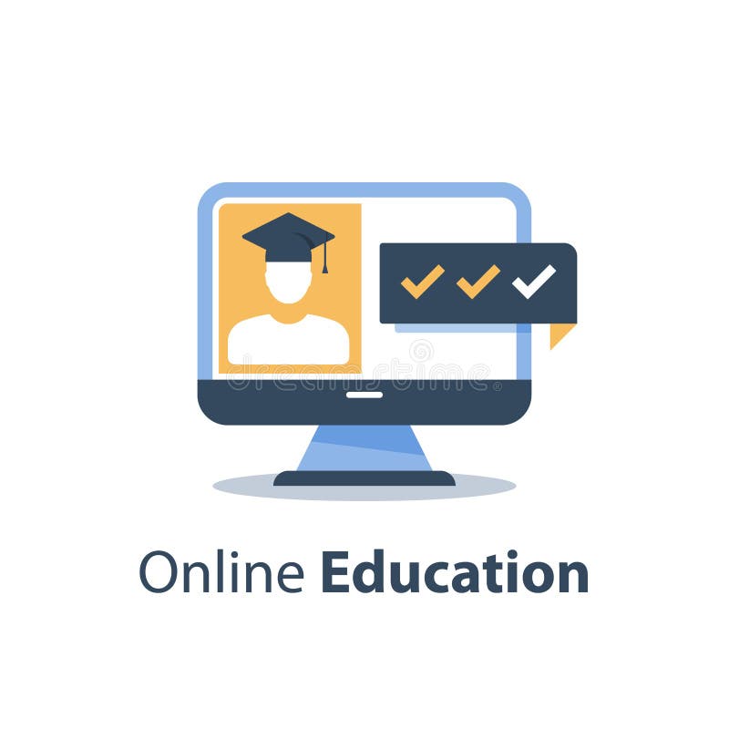 Web seminar, education webinar, online course, subject lecture, distant exam, computer monitor and person in graduation hat stock illustration