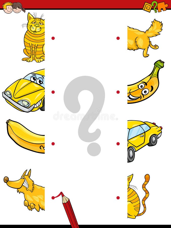 Cartoon Illustration of Kindergarten Education Halves Matching Activity Task for Children. Cartoon Illustration of Kindergarten Education Halves Matching Activity Task for Children