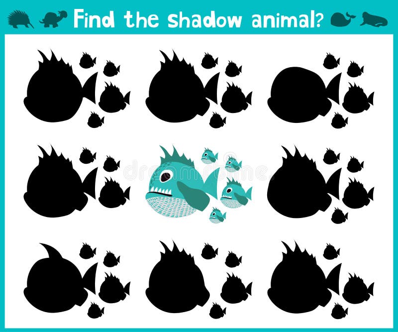 Educational children cartoon game for children of preschool age. Find the right shadow of a predatory fish of the Amazon river piranhas. Vector illustration