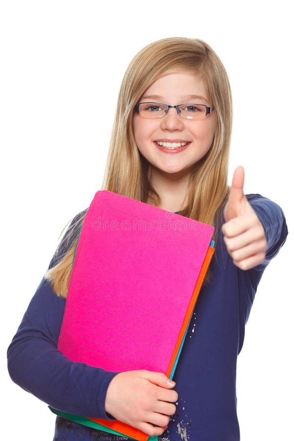 Educational concept schoolgirl giving thumbs up