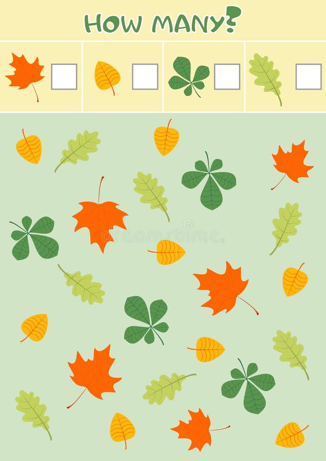 Educational counting game for preschool children with different autumn leaves.