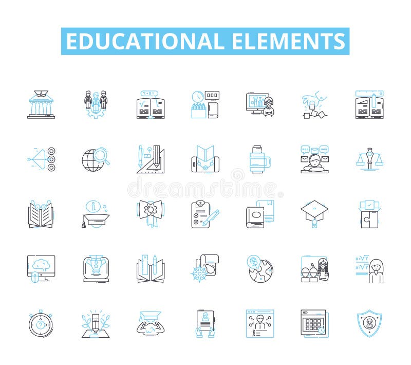 Educational elements linear icons set. Curriculum, Lesson plans, Assessments, Teaching, Learning, Instruction, Textbooks stock illustration