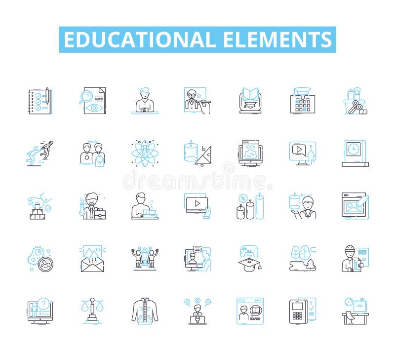 Educational elements linear icons set. Curriculum, Lesson plans, Assessments, Teaching, Learning, Instruction, Textbooks stock illustration