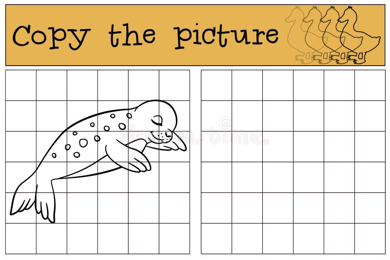 Educational game: Copy the picture. Little cute baby seal sleeps and smiles.