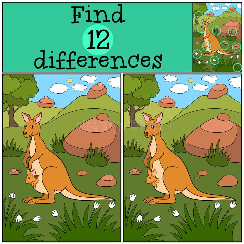Educational game: Find differences. Mother kangaroo with her baby.