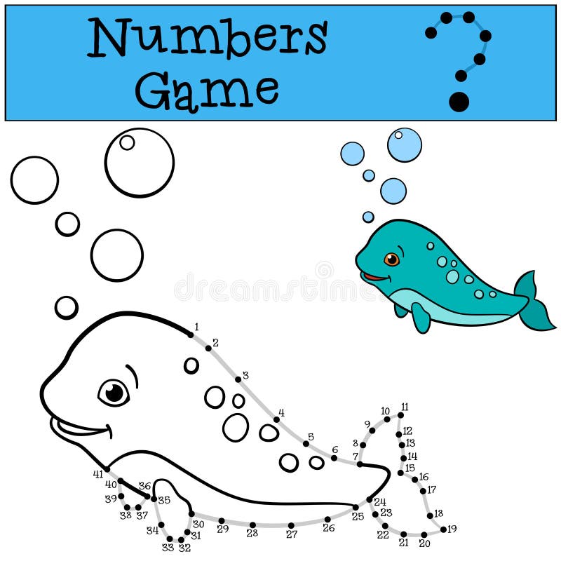 Educational game: Numbers game with contour. Little cute baby narwhal swims and smiles.