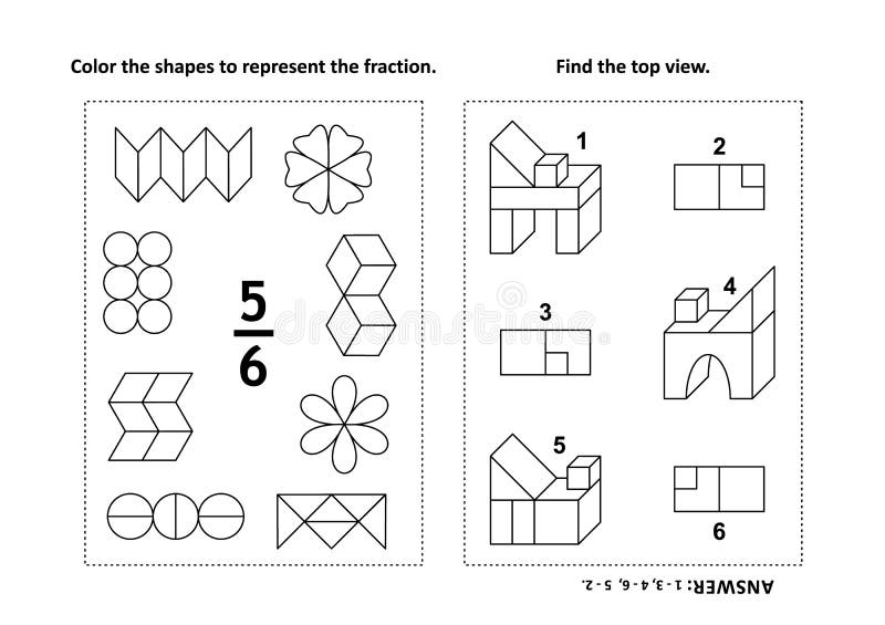 Two visual math puzzles and coloring pages. Color the shapes to represent the fraction. Find the top view. Black and white. Answers included. Two visual math puzzles and coloring pages. Color the shapes to represent the fraction. Find the top view. Black and white. Answers included.