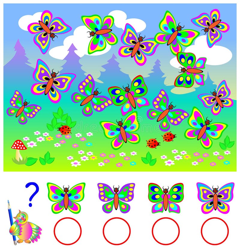 Educational page for children. Count identical butterflies and write numbers in relevant circles. Logic puzzle game. stock illustration Educational page for children. Count identical butterflies and write numbers in relevant circles. Logic puzzle game. stock illustration