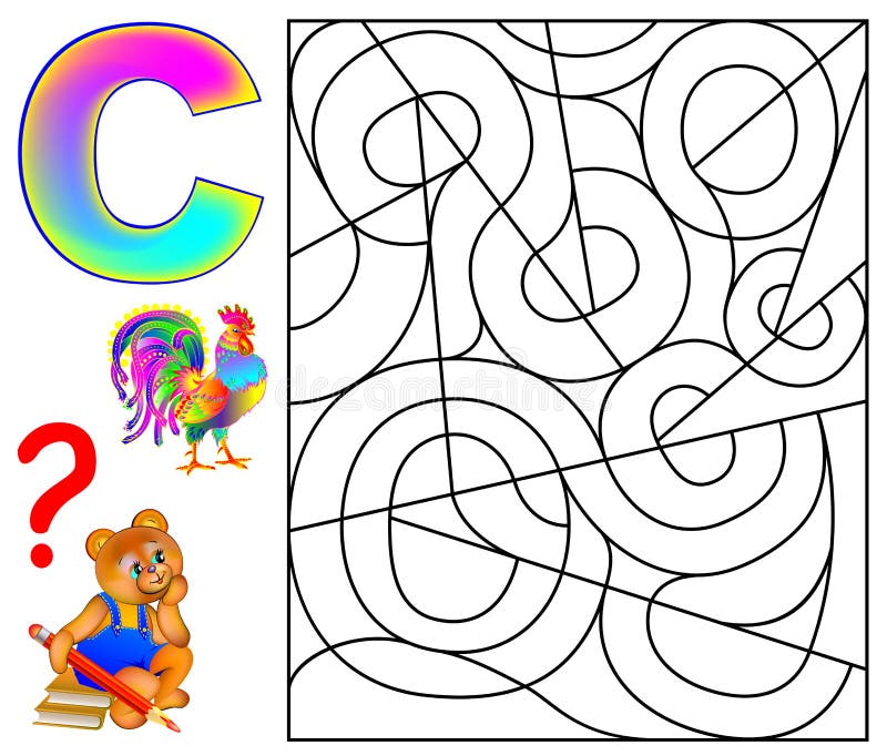 Educational Page with Letter C for Study English. Logic Puzzle. Find