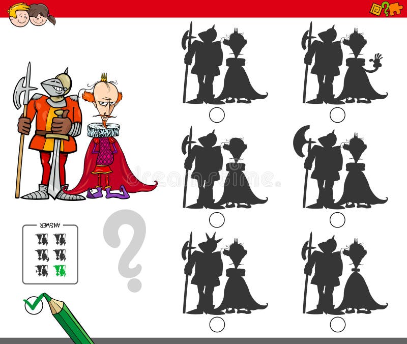 Cartoon Illustration of Finding the Shadow without Differences Educational Activity for Children with King and Knight Medieval Characters. Cartoon Illustration of Finding the Shadow without Differences Educational Activity for Children with King and Knight Medieval Characters