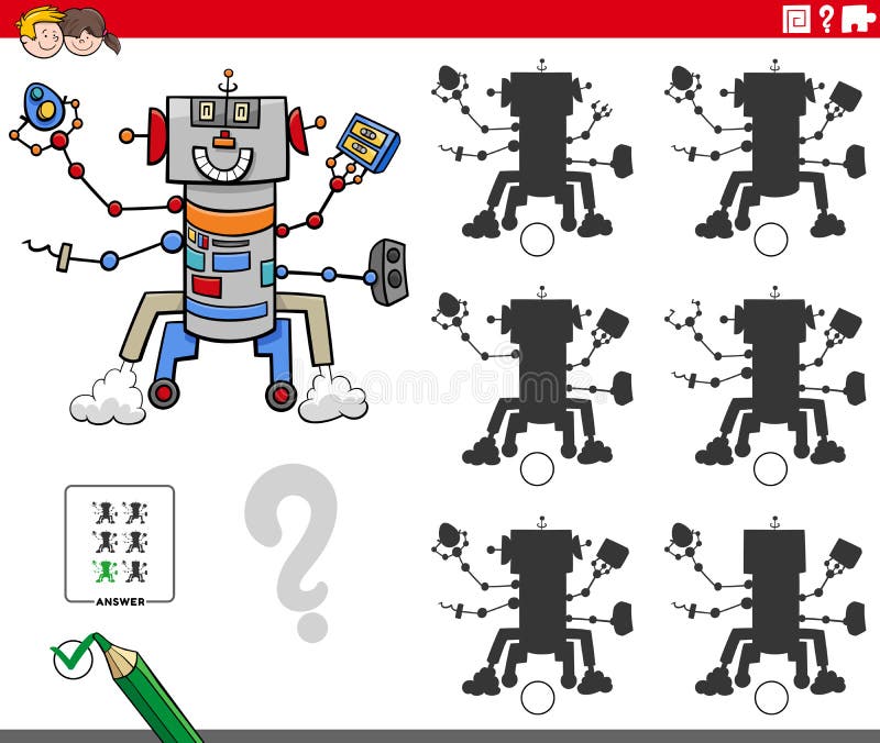 Educational shadows game with cartoon robot character vector illustration
