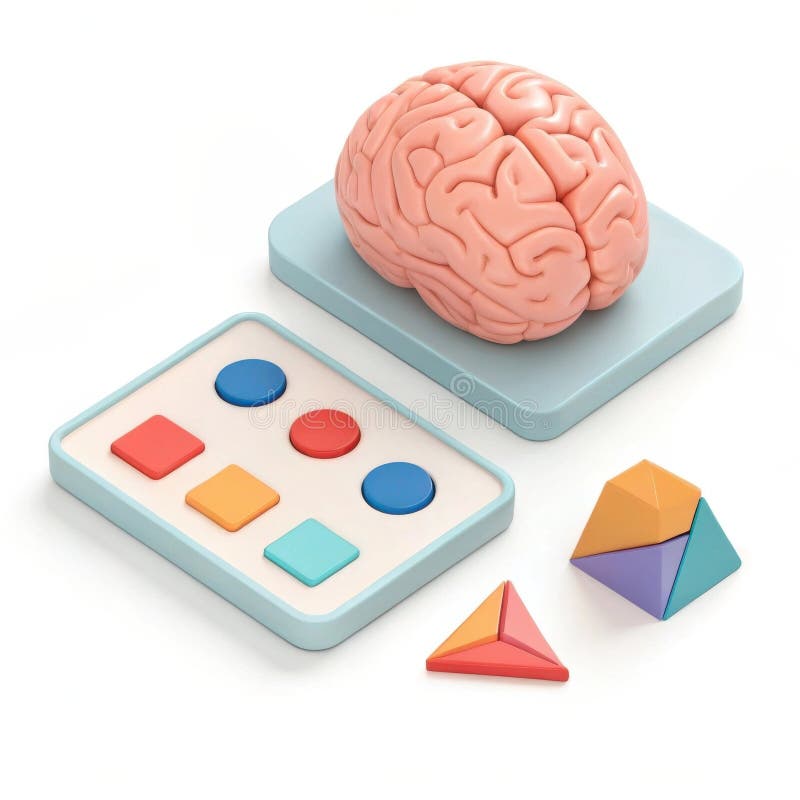 Educational tools and brain model illustrating cognitive training methods royalty free stock image