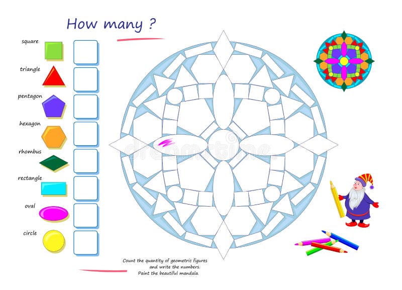 Educational worksheet for kids. Count the quantity of geometric figures and write numbers. Paint the beautiful mandala. Coloring royalty free illustration