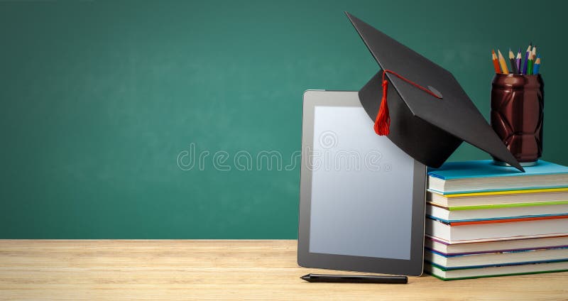 Online education. Distance learning at home. Tablet and stack of books with graduate hat. Copy space for text. Online education. Distance learning at home. Tablet and stack of books with graduate hat. Copy space for text