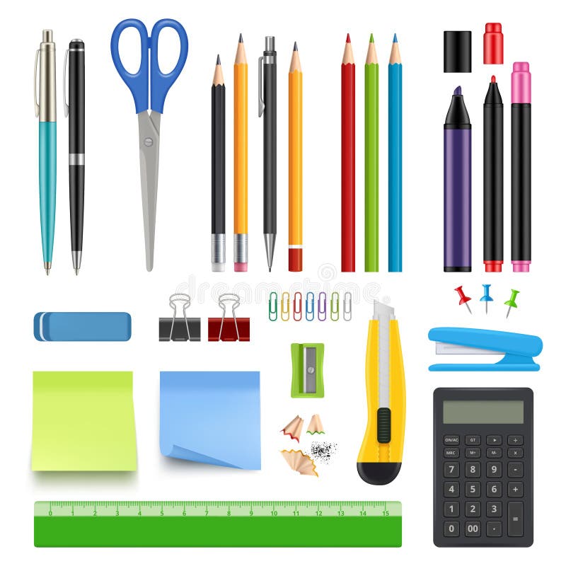 Eduque artigos de papelaria Coleção realística afiada do vetor da faca e do grampeador da calculadora do eliminador da pena do lá ilustração stock Eduque artigos de papelaria Coleção realística afiada do vetor da faca e do grampeador da calculadora do eliminador da pena do lá ilustração stock