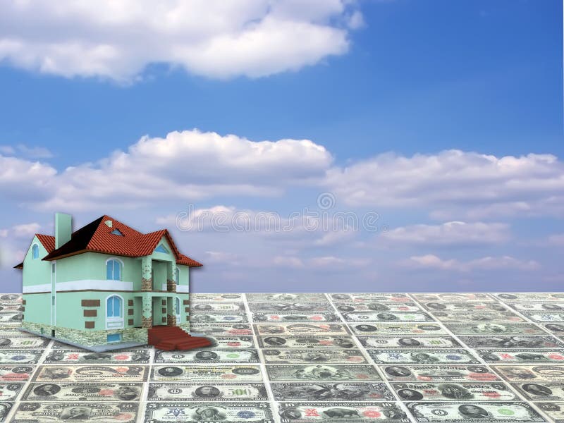 A 3D concept house on rare money currency and blue sky background. A 3D concept house on rare money currency and blue sky background