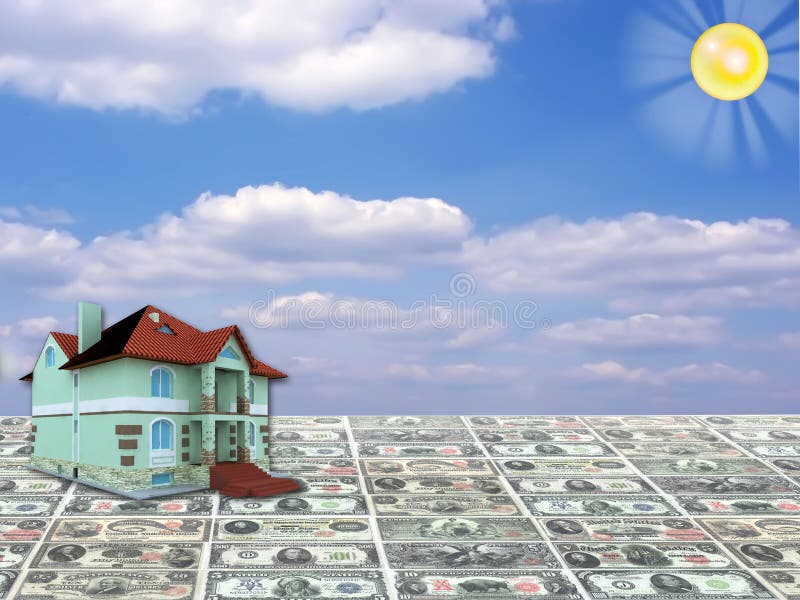 A 3D concept house on rare money currency and blue sky background. A 3D concept house on rare money currency and blue sky background