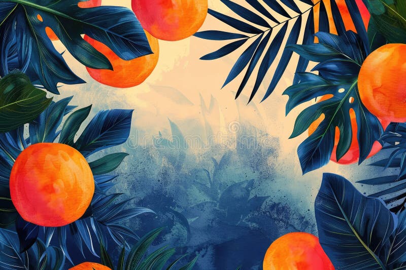 An illustration of a watercolor painting of a tropical theme with oranges and palm leaves. AIG51A. AI generated. An illustration of a watercolor painting of a tropical theme with oranges and palm leaves. AIG51A. AI generated