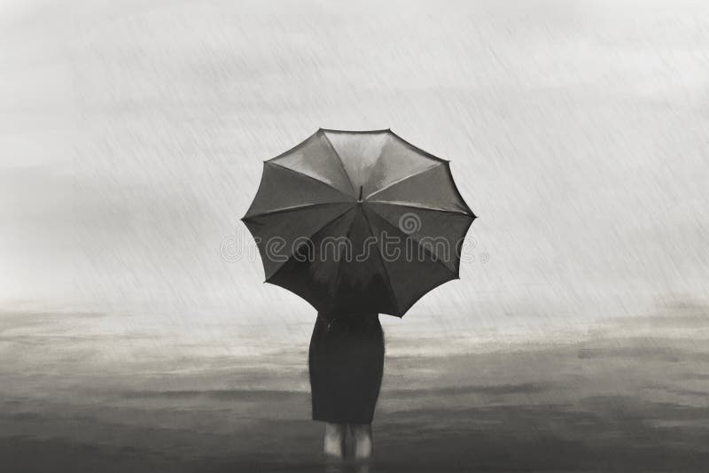 A surreal lonely woman walks in the sea in the rain protected by an umbrella. A surreal lonely woman walks in the sea in the rain protected by an umbrella