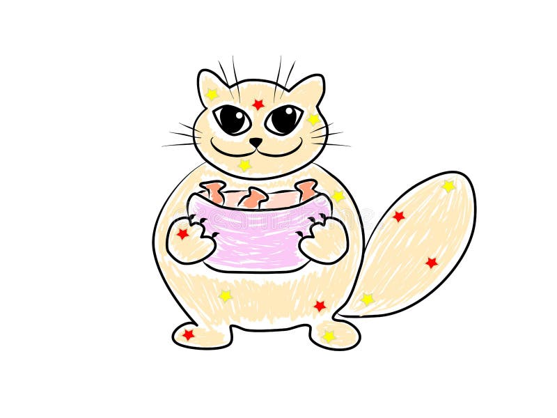 Een beangstigende kat met eten tekenfilm, grappige illustratie, vector voor vakantiegericht