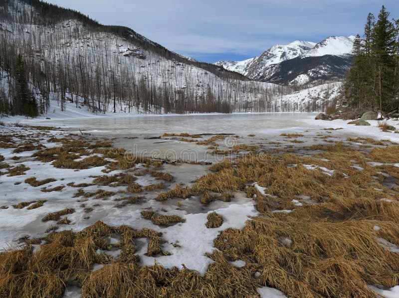 Een Bevroren Welpmeer in Rocky Mountain National Park, Estes-park, C stock foto's Een Bevroren Welpmeer in Rocky Mountain National Park, Estes-park, C stock foto's