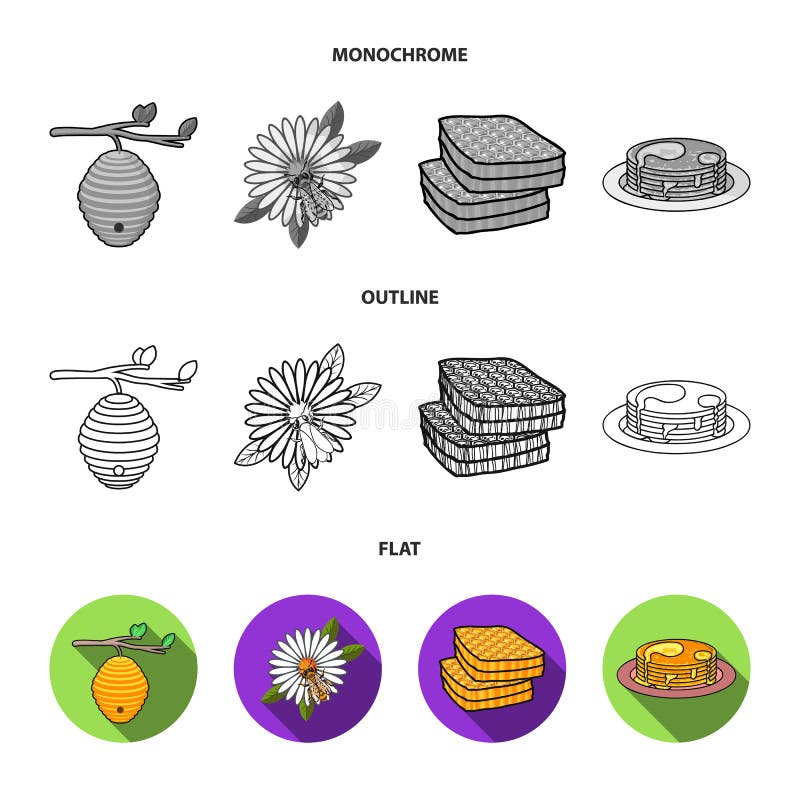 Een bijenkorf op een tak, een bij op een bloem, een honingraat met honing, een honingscake Pictogrammen van de bijenstal de vastg stock illustratie Een bijenkorf op een tak, een bij op een bloem, een honingraat met honing, een honingscake Pictogrammen van de bijenstal de vastg stock illustratie