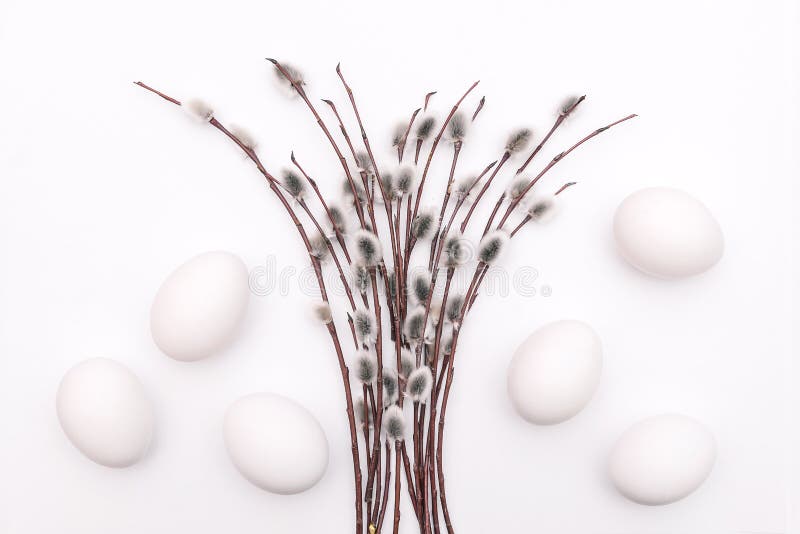 Een boeket van het bloeien vertakt zich op een witte achtergrond Bloeiende knoppen en witte eieren Het Concept van Pasen Feesteli royalty-vrije stock foto's Een boeket van het bloeien vertakt zich op een witte achtergrond Bloeiende knoppen en witte eieren Het Concept van Pasen Feesteli royalty-vrije stock foto's