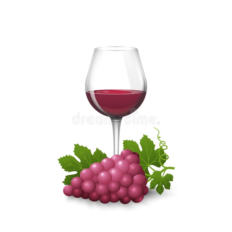 Een bos van druiven met bladeren en een glas rode wijn