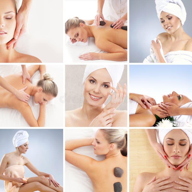 Een collage van jonge vrouwen na het nemen van een bad stock afbeelding Een collage van jonge vrouwen na het nemen van een bad stock afbeelding