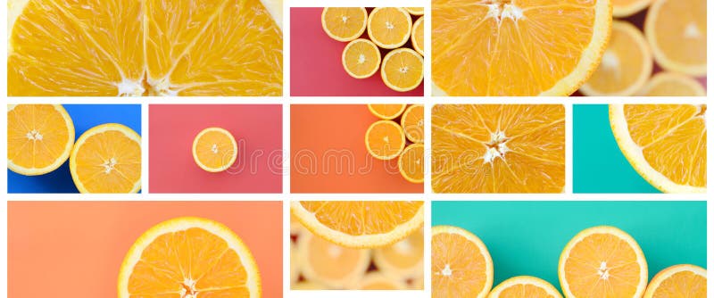 Een collage van vele beelden met sappige sinaasappelen Reeks beelden met vruchten en verschillende kleuren stock foto's Een collage van vele beelden met sappige sinaasappelen Reeks beelden met vruchten en verschillende kleuren stock foto's