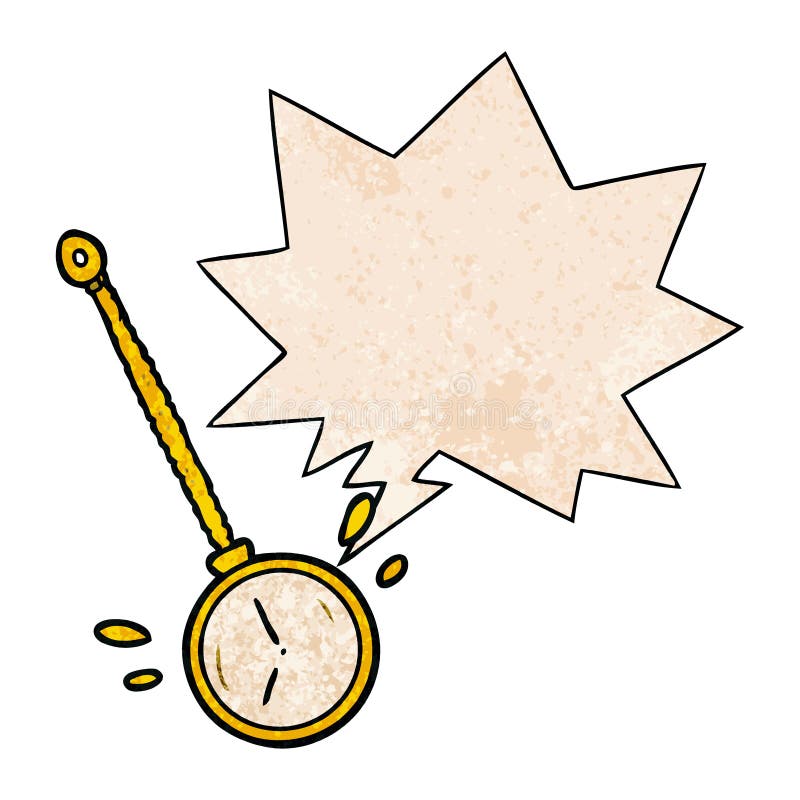 Een creatieve cartoon die gouden hypnotische horloge- en spraakzeepbel in retro-textuurstijl zwaait stock illustratie Een creatieve cartoon die gouden hypnotische horloge- en spraakzeepbel in retro-textuurstijl zwaait stock illustratie