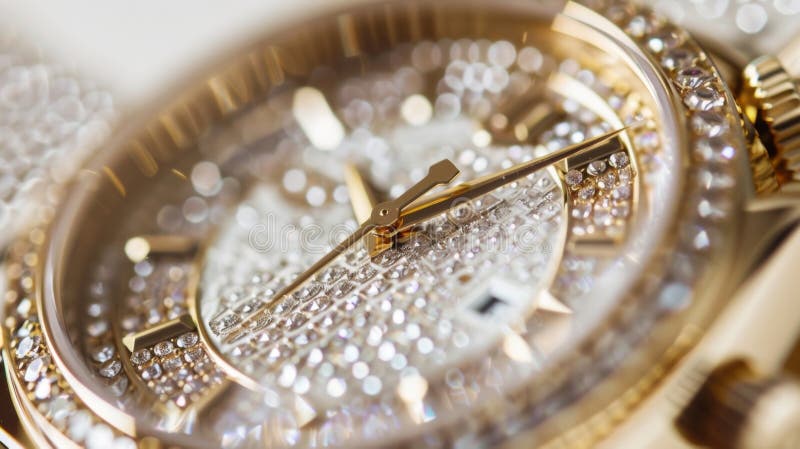 A closeup of a designer watch with a gold band and sparkling diamond accents adding a touch of luxury. AI generated. A closeup of a designer watch with a gold band and sparkling diamond accents adding a touch of luxury. AI generated