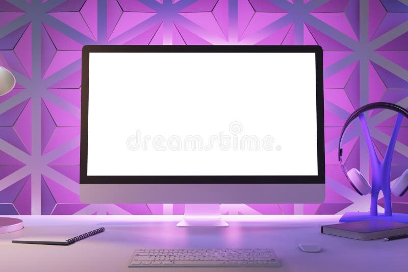 A modern desktop setup with a blank monitor, keyboard, and headphones against a geometric purple background. 3D Rendering. A modern desktop setup with a blank monitor, keyboard, and headphones against a geometric purple background. 3D Rendering