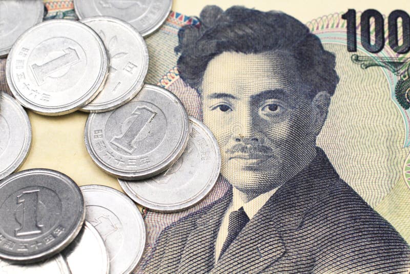 Een dicht omhooggaand beeldbeeld van Japanse Yenmuntstukken op een 1000 Yennota stock afbeeldingen Een dicht omhooggaand beeldbeeld van Japanse Yenmuntstukken op een 1000 Yennota stock afbeeldingen