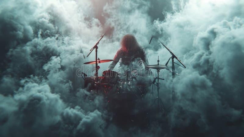 A heavy metal drummer emerges from a thick fog of smoke commanding attention with his intense playing and dynamic presence. AI generated. A heavy metal drummer emerges from a thick fog of smoke commanding attention with his intense playing and dynamic presence. AI generated