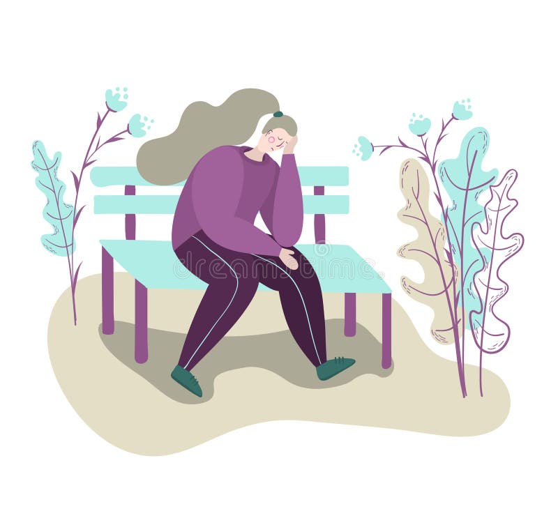 Een eenzame vermoeide droevige vrouw zit gedeprimeerd op een bank in een park Droevige Nadenkende Vrouw Ge?soleerde vlakke in bee vector illustratie Een eenzame vermoeide droevige vrouw zit gedeprimeerd op een bank in een park Droevige Nadenkende Vrouw Ge?soleerde vlakke in bee vector illustratie