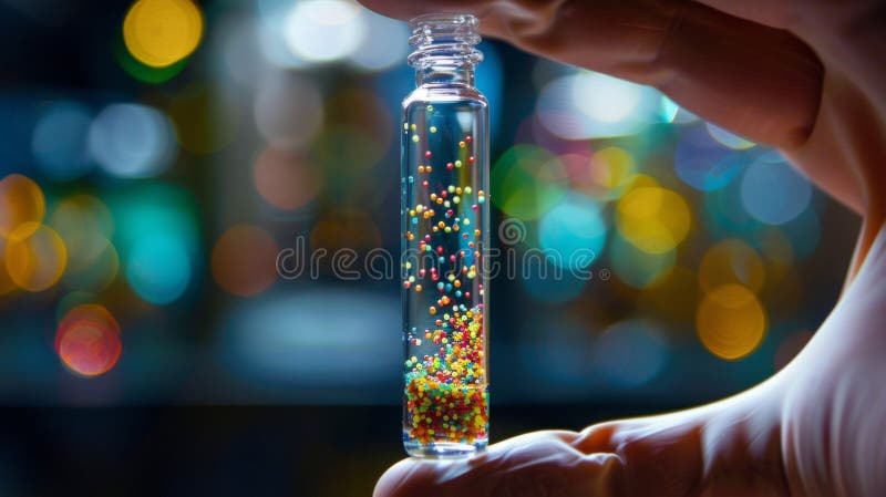 A photo of a persons hand holding a small vial of clear liquid containing tiny colorful particles. The caption describes these particles as quantum dots which are being incorporated AI generated. A photo of a persons hand holding a small vial of clear liquid containing tiny colorful particles. The caption describes these particles as quantum dots which are being incorporated AI generated