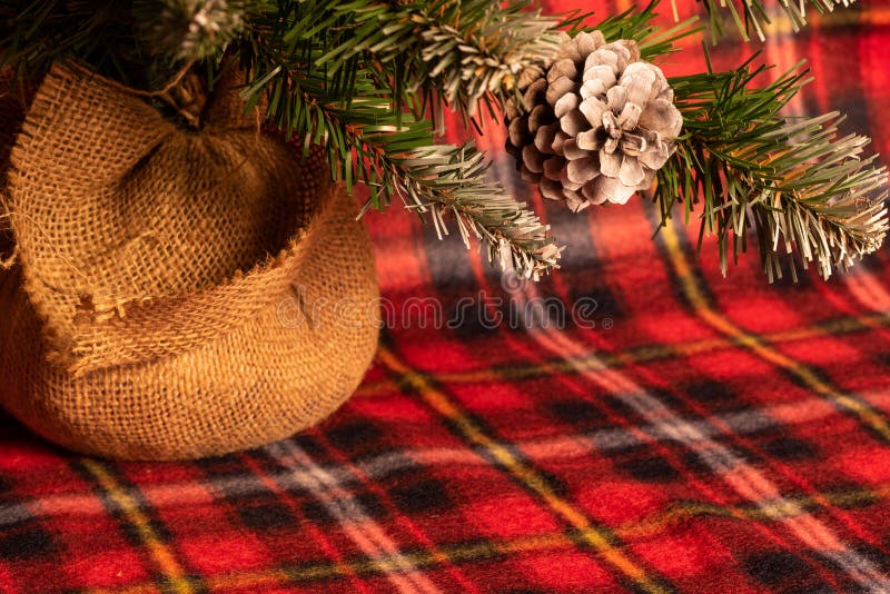 Een fragment van een kunstmatige kerstboom op een rode platte deken Selectieve focus Ruimte voor lettertekens of ontwerpen royalty-vrije stock foto Een fragment van een kunstmatige kerstboom op een rode platte deken Selectieve focus Ruimte voor lettertekens of ontwerpen royalty-vrije stock foto