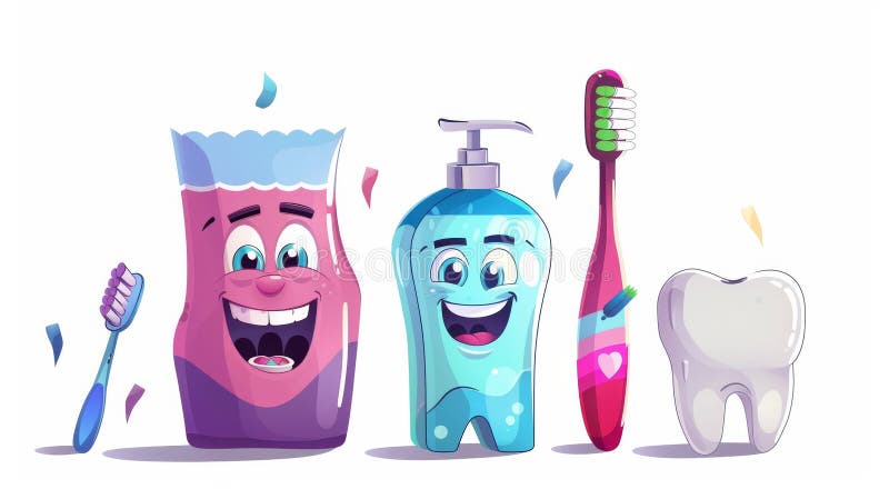 An animated cartoon character wearing a mouthwash bottle, toothbrush, paste tube, and floss. This illustration shows oral hygiene and dentistry cute characters on a white background.. AI generated. An animated cartoon character wearing a mouthwash bottle, toothbrush, paste tube, and floss. This illustration shows oral hygiene and dentistry cute characters on a white background.. AI generated