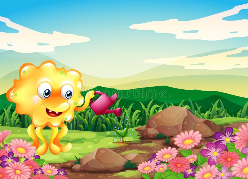 Een gelukkig monster die de installaties water geven bij de heuveltop met bloemen vector illustratie Een gelukkig monster die de installaties water geven bij de heuveltop met bloemen vector illustratie