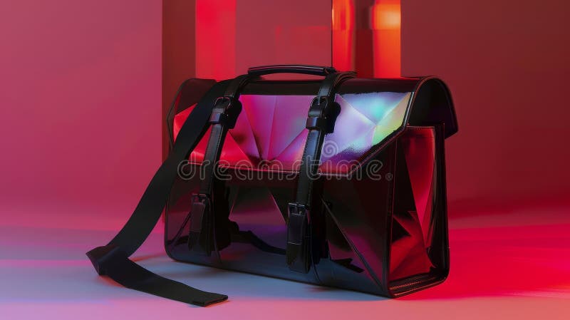 A sleek and modern messenger bag in a glossy patent finish with a bold geometric pattern and a detachable shoulder s. AI generated. A sleek and modern messenger bag in a glossy patent finish with a bold geometric pattern and a detachable shoulder s. AI generated