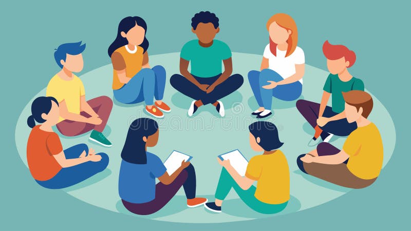 A diverse group of adolescents sitting in a circle each taking turns sharing their opinions and listening to one anothers viewpoints.. Vector illustration AI generated. A diverse group of adolescents sitting in a circle each taking turns sharing their opinions and listening to one anothers viewpoints.. Vector illustration AI generated