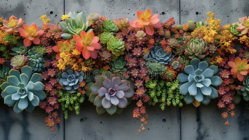 Transform a plain concrete wall into a work of art with a stunning array of succulents and cacti in a unique vertical garden feature. AI generated. Transform a plain concrete wall into a work of art with a stunning array of succulents and cacti in a unique vertical garden feature. AI generated