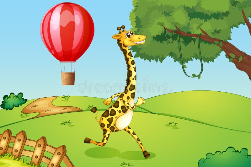 Een giraf lopende en drijvende hete luchtballon stock illustratie Een giraf lopende en drijvende hete luchtballon stock illustratie