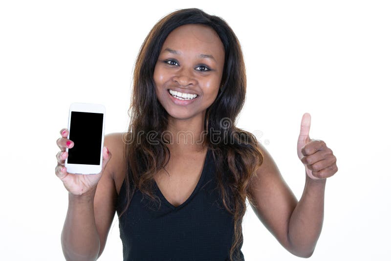 A Close up of a smiling young black american african woman showing phone blank screen afro girl with thumb up smartphone. A Close up of a smiling young black american african woman showing phone blank screen afro girl with thumb up smartphone