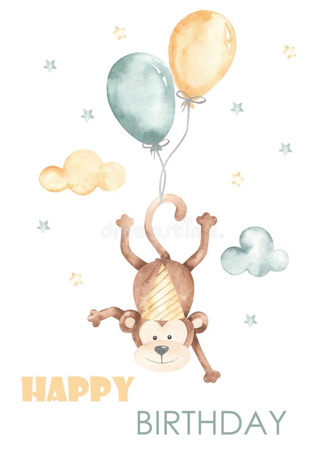 Een Goede Verjaardagskaart Met Een Schattige Aap Ballonnen Met Wolken Stock Illustratie - Illustration of ballons, baby: