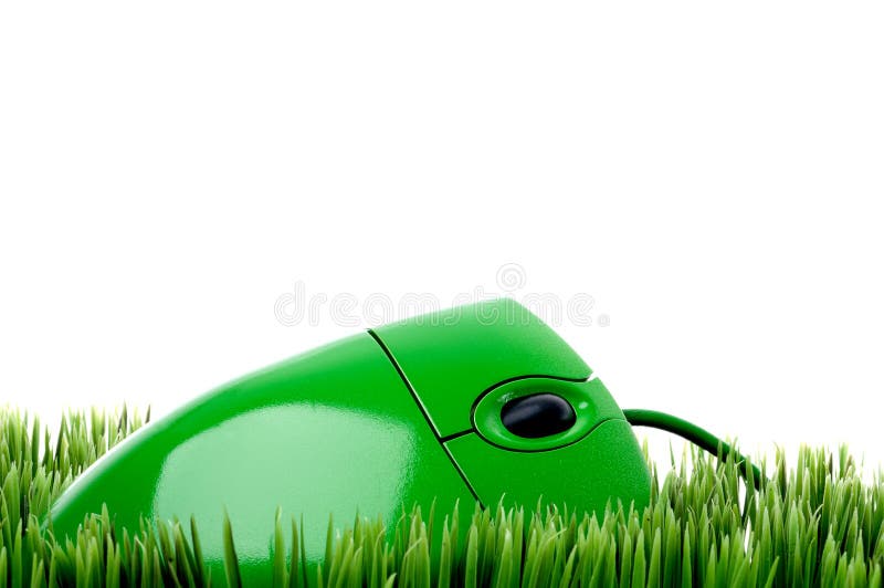 Horizontal close up of a green computer mouse on grass. Horizontal close up of a green computer mouse on grass