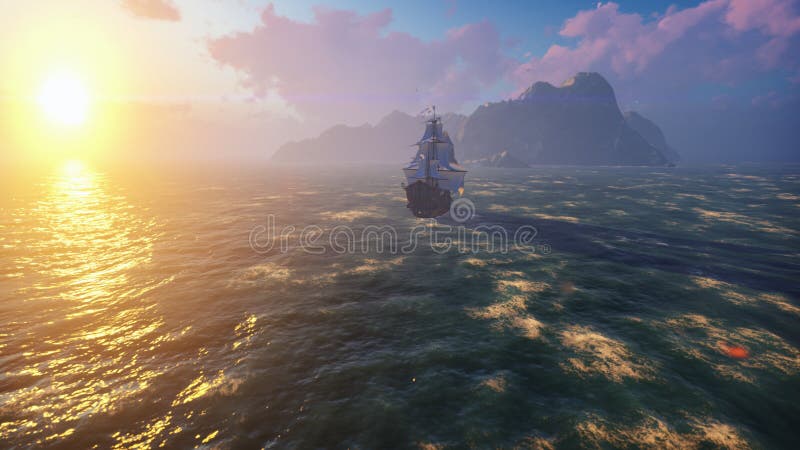 Een groot middeleeuws schip op zee bij zonsopgang Een oude middeleeuwse schipzeilen aan een verlaten rotsachtig eiland het 3d ter royalty-vrije stock afbeelding Een groot middeleeuws schip op zee bij zonsopgang Een oude middeleeuwse schipzeilen aan een verlaten rotsachtig eiland het 3d ter royalty-vrije stock afbeelding